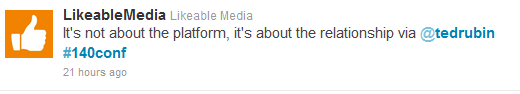 Tweet from @LikeableMedia, #140conf 2011 NYC