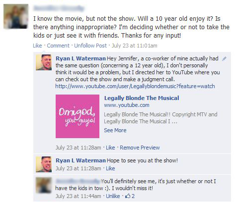 connecting-with-audience facebook comments for legally blonde the musical event