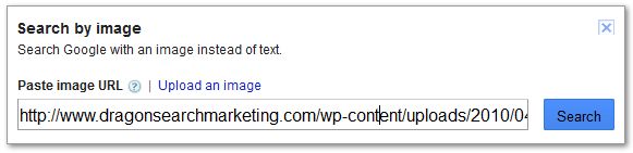 Google image search by URL Screenshot of Google Image Search dialog box - to search by image using a URL.