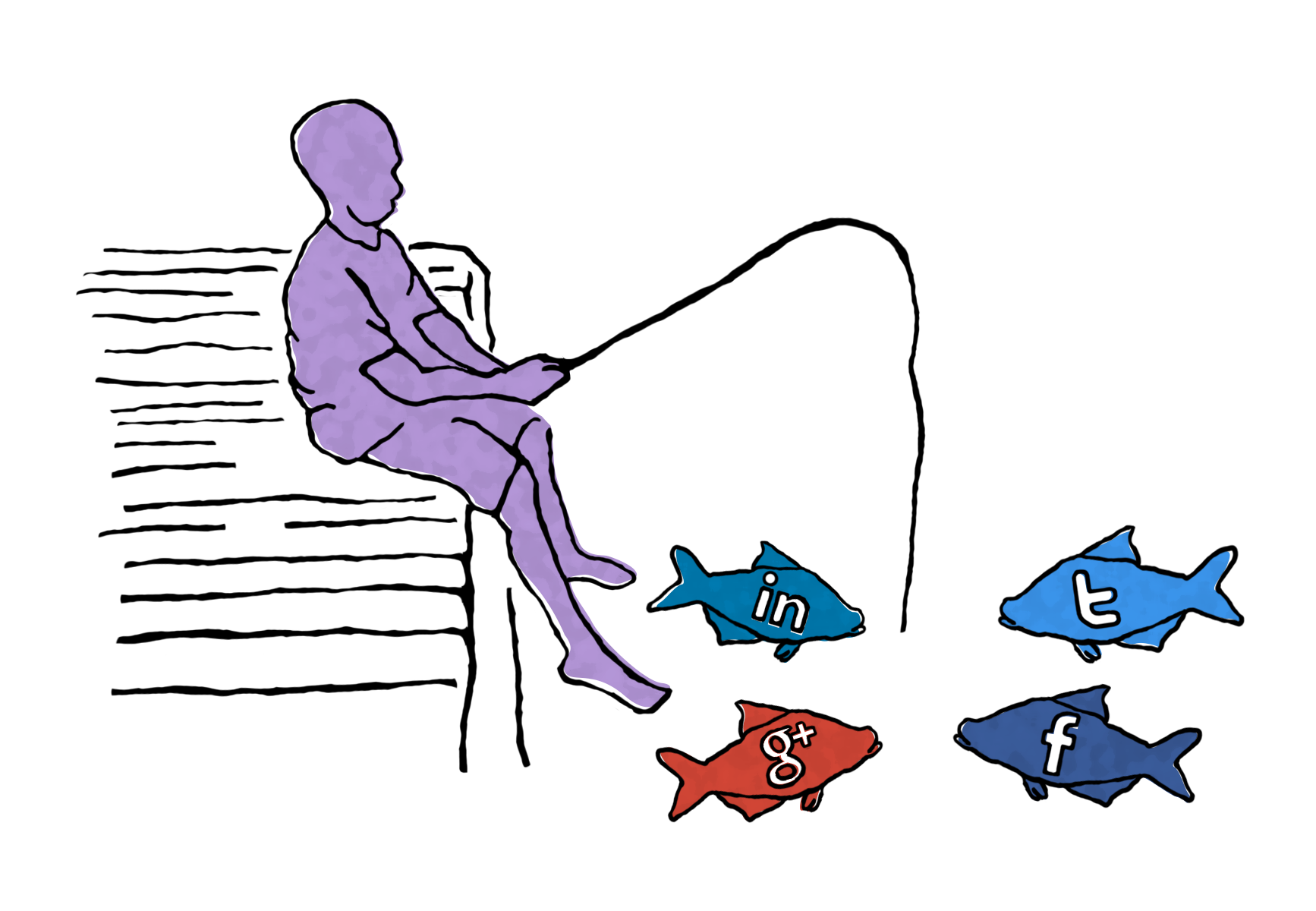 Illustration of someone fishing, with each fish branded with social media site logos.