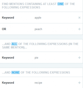 Screenshot of the social media monitoring tool, Mention, showing a query user interface where keywords are placed in separate fields for each Boolean search operator.