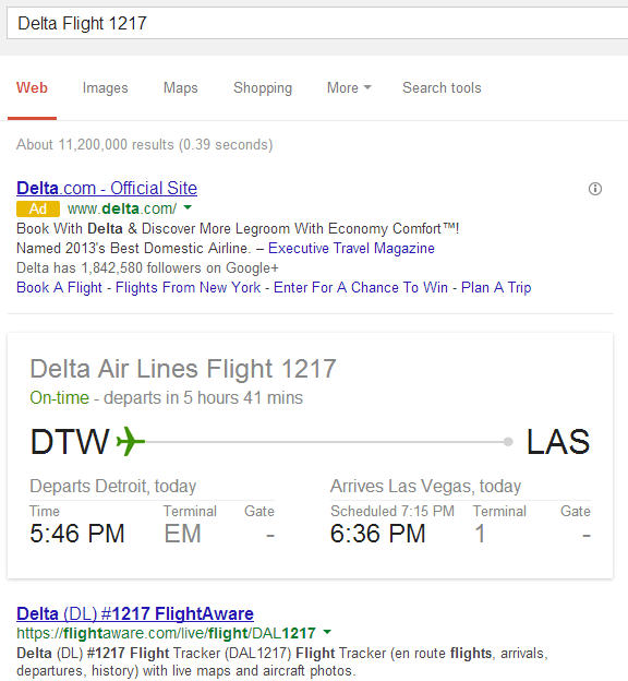 Google displaying flight info details in the search results pages.