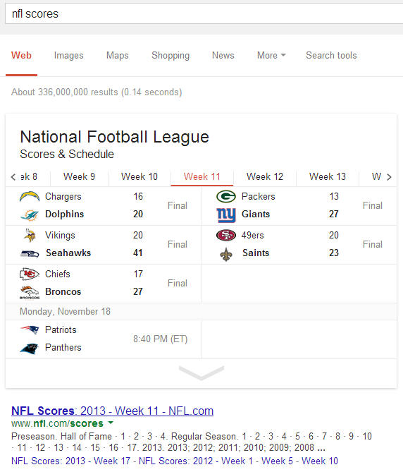 Thanks to Schema Google search results pages show the sports game scores.