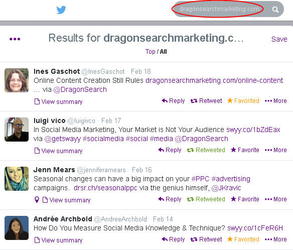 dragonsearch-twitter-website-search Screen shot of a search for "dragonsearchmarketing.com" on Twitter and the results of people who shared links from the website