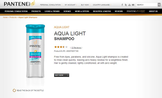 Screenshot of the webpage for Aqua Light Pantene shampoo