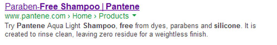 Screenshot of the rich snippet results for Pantene silicone free shampoo
