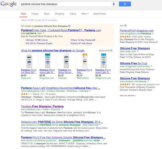 Screenshot showing search results for Pantene silicone free shampoo
