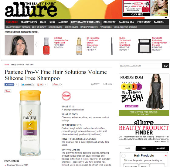 Screenshot of Allure webpage for Pantene silicone free shampoo