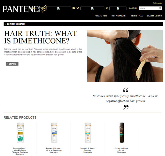Screenshot of Pantene webpage showing truths about silicone