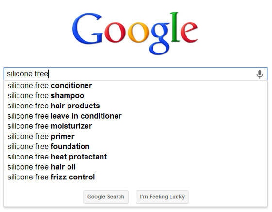 A screenshot showing Google Suggest for silicone free shampoo keywords