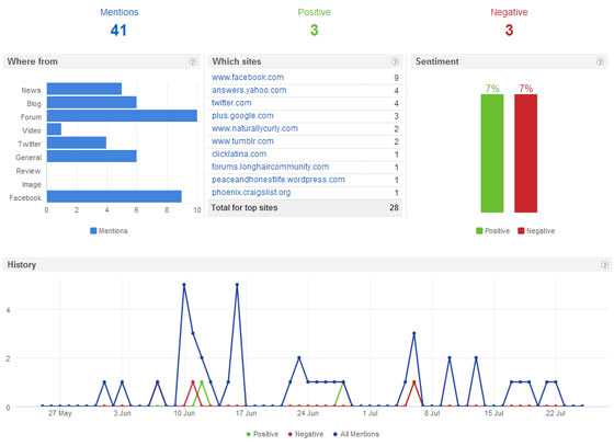 Screenshot showing mentions for the term silicone free shampoo