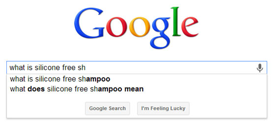 Google Suggest showing results for the keywords what is silicone free shampoo