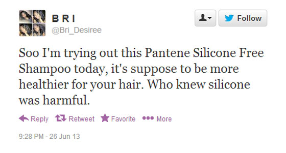 Screenshot of a tweet taking about silicone free shampoo