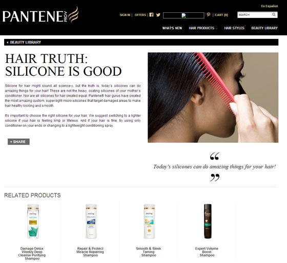 Screenshot of webpage for Pantene about silicone being good