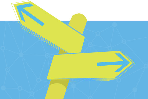 A drawing of a yellow two-way street sign on a blue background