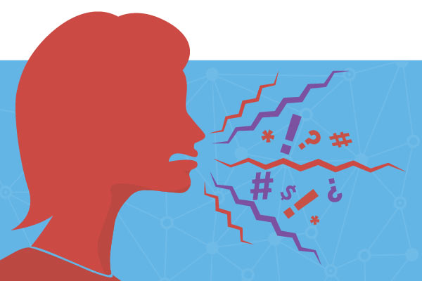 A drawing a a red silhouette profile with shapes showing yelling