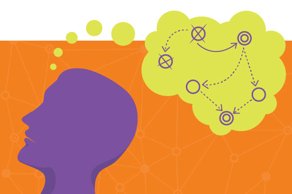 Drawing of a purple silhouette head with a cloud bubble showing strategy