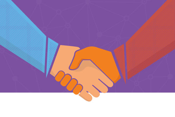 A drawing of two arms shaking hands on a purple background
