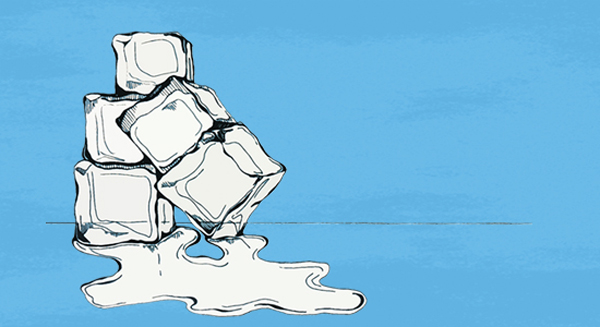 A stack of melting ice cubes set on a blue background