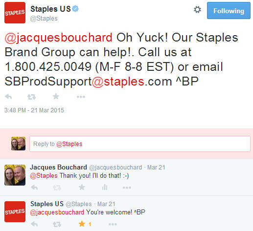 Twitter response by Staples as part of reputation management