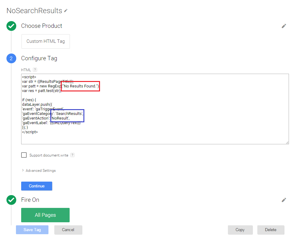 no site search results tag manager custom html tag