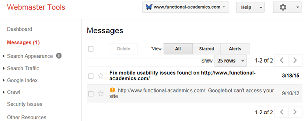 A screenshot showing a Google Webmaster mobile warning