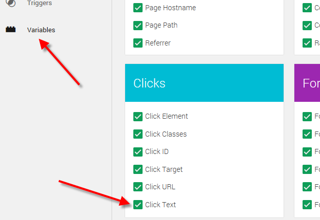 Setting up click text variables in Google Tag Manager