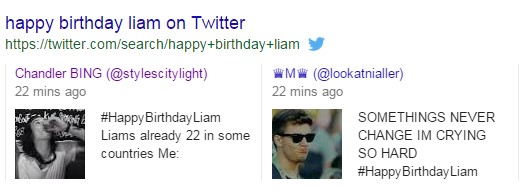 A screenshot of twitter search results for Happy Birthday Liam