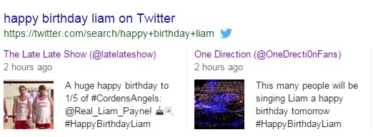 A screenshot of twitter search results for Happy Birthday Liam