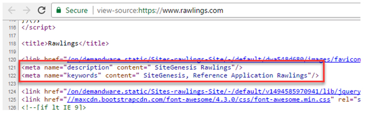 A screenshot showing the meta description on a Demandware site