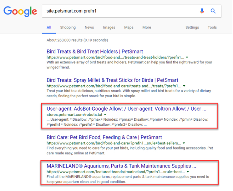 A screenshot of the SERPs for Petsmart showing the Prefn1 Block for a site on Demandware