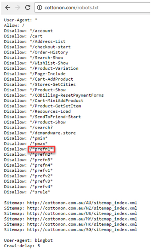A screenshot of a robot.txt file for cottonon.com showing the Prefn1 for a site on Demandware