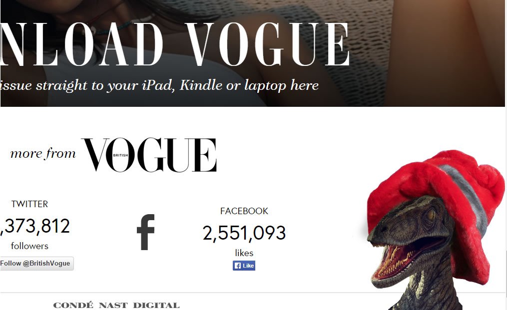 Monthly search volume for 'vogue raptor' - 40. Enter the Konami code to see him! raptors in fashionable hats appear after the Konami Code in the Vogue UK website.