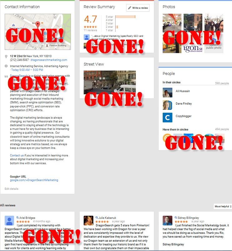All of the Google+ About features that have gone with the new interface.