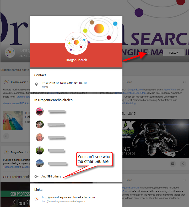 What's in the new Info pop-up on Google+ pages instead of the About section.
