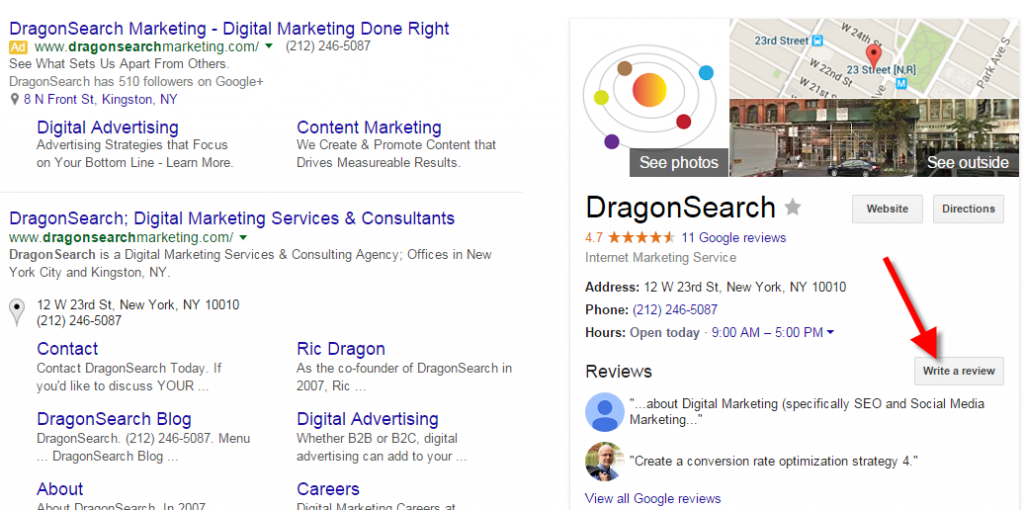 Seeing and leaving reviews in the search engine results for a business.